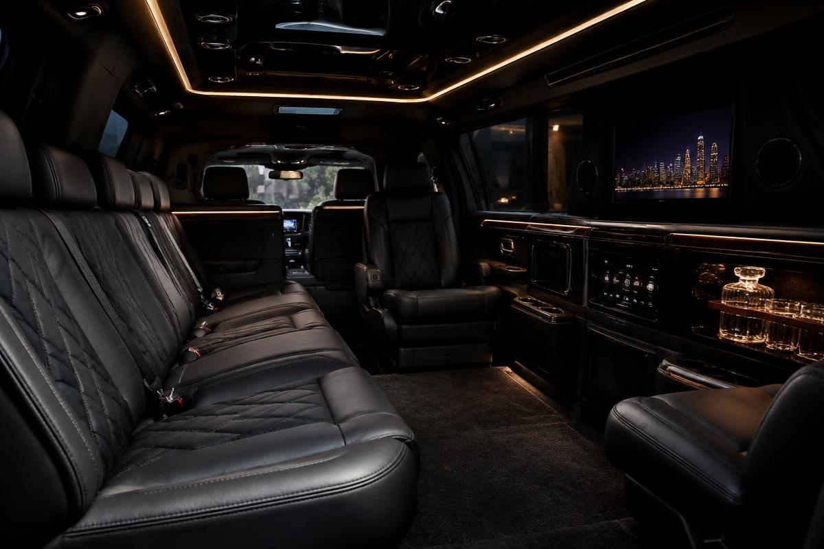 Luxury black leather interior of a Syracuse limousine SUV